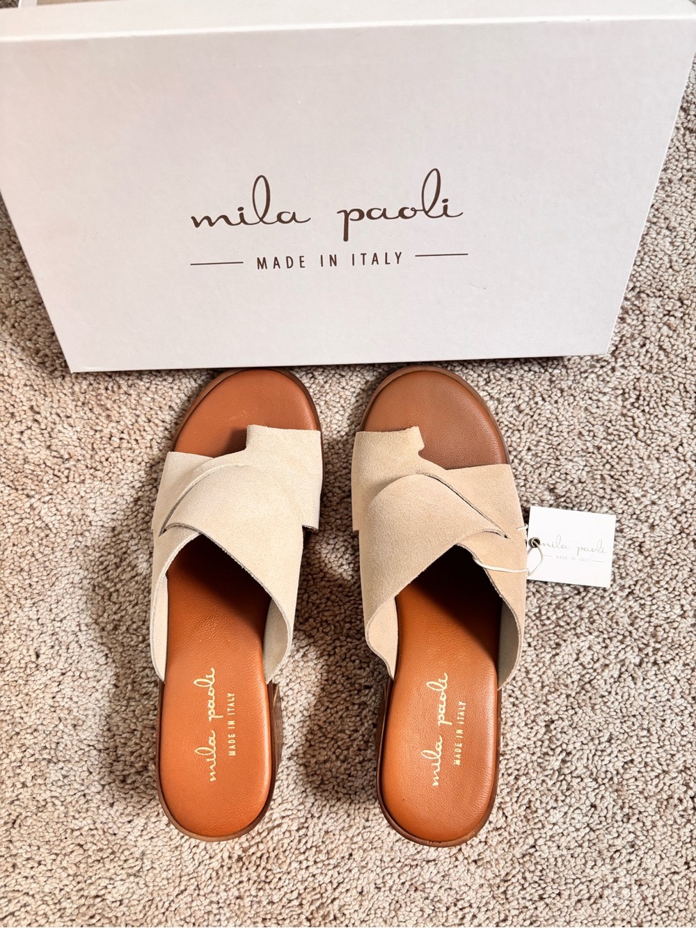 Mila Paoli Suede Crisscross Slide Sandals in Light Beige